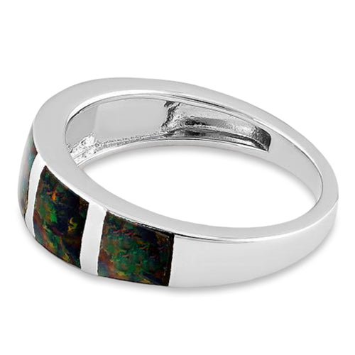 Sterling Silver 5 Bar Green-Black Lab Opal Ring