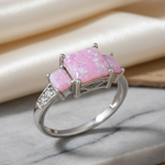 Sterling Silver Pink Lab Opal Square CZ Ring