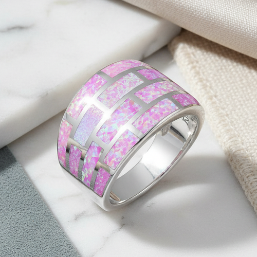 Sterling Silver Pink Bricks Lab Opal Ring