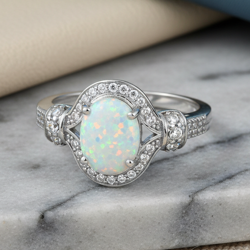 Sterling Silver White Lab-Opal CZ Ring