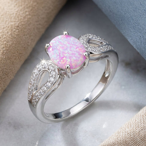 Sterling Silver Pink Oval Lab Opal CZ Ring