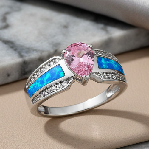 Sterling Silver Illustrious Blue Lab Opal & Pink Pear Cut & Clear CZ Ring