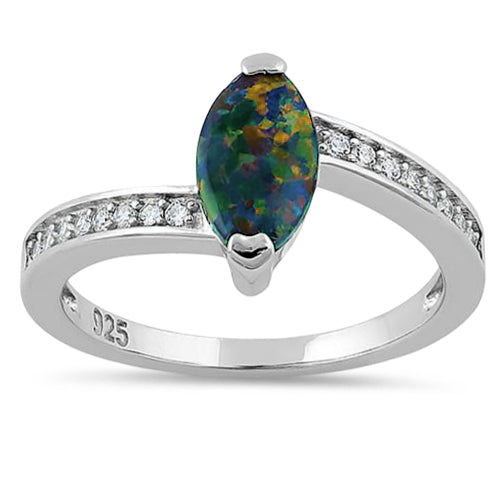 Sterling Silver Stylish Green-Black Lab Opal Marquise Cut & Clear CZ Ring