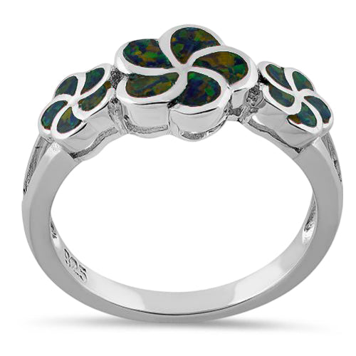 Sterling Silver Plumeria Green-Black Lab Opal Ring