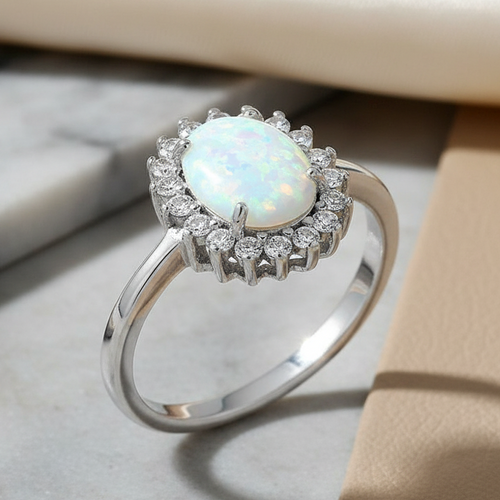 Sterling Silver Oval White Lab Opal CZ Ring