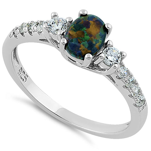 Sterling Silver Encahnted Oval Green-Black Lab Opal CZ Ring