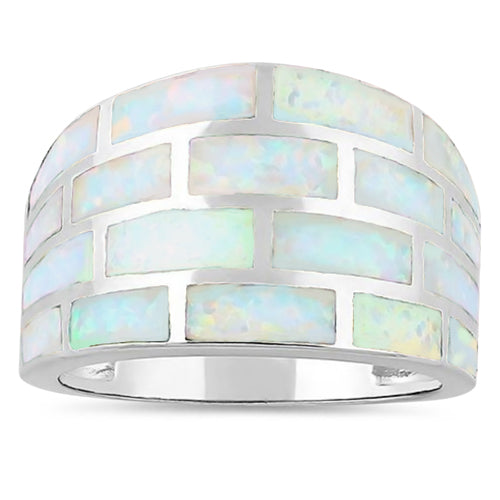 Sterling Silver Bricks White Lab Opal Ring