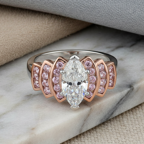 Sterling Silver Two-Tone Rose-Gold Marquise Engagement CZ Ring