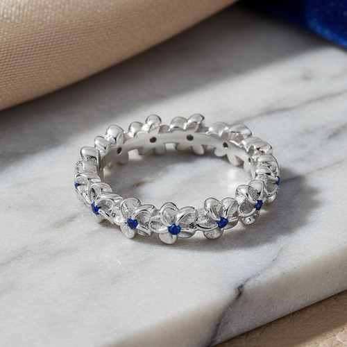 Sterling Silver Plumeria Blue Spinel CZ Eternity Band Ring