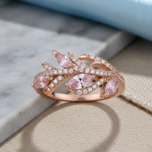 Sterling Silver Rose Gold-Plated Vine Leaves Pink CZ Ring
