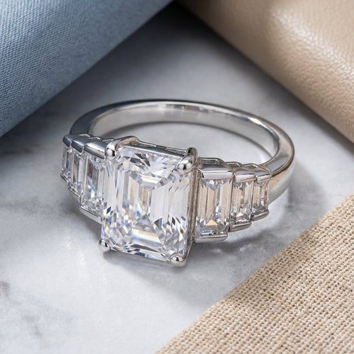 Sterling Silver Emerald-Cut Engagement CZ Ring