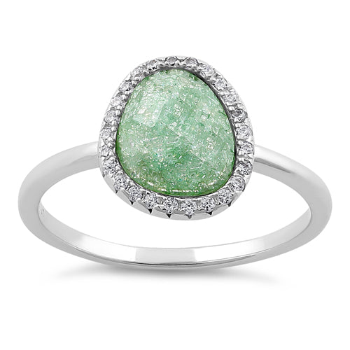 Sterling Silver Offset Oval Green Ice Galaxy CZ Ring