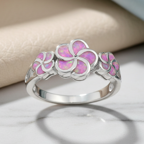 Sterling Silver Plumeria Pink Lab Opal Ring