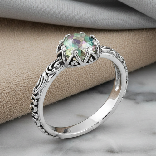 Sterling Silver Floral Rainbow Topaz CZ Ring