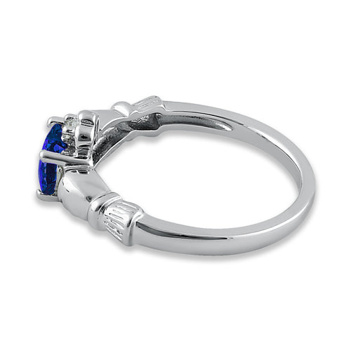 Sterling Silver Claddagh Blue Sapphire CZ Ring