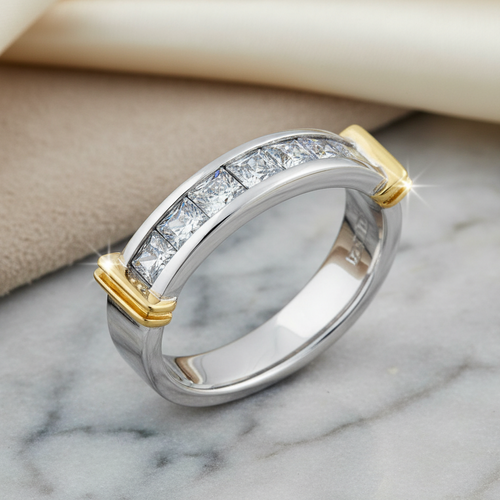 Sterling Silver Men's Two Tone Yellow Gold Wedding Band CZ Ring