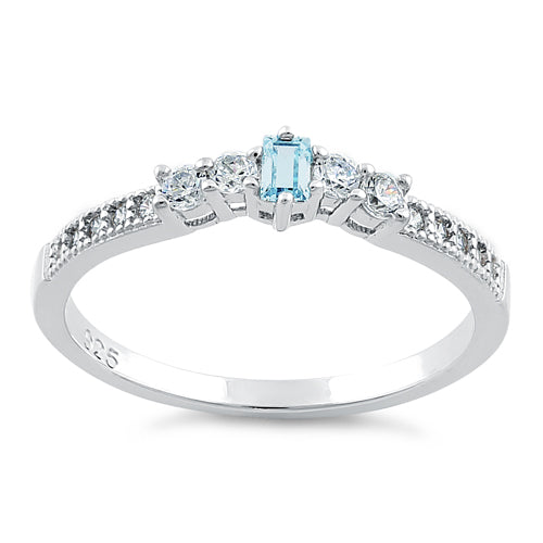 Sterling Silver Emerald Cut Aquamarine CZ Ring