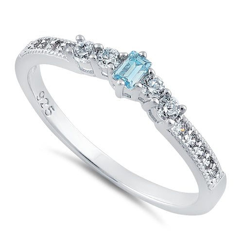 Sterling Silver Emerald Cut Aquamarine CZ Ring