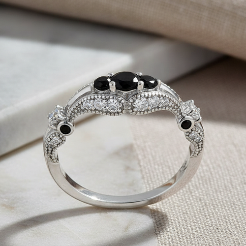 Sterling Silver Victorian Black CZ Ring