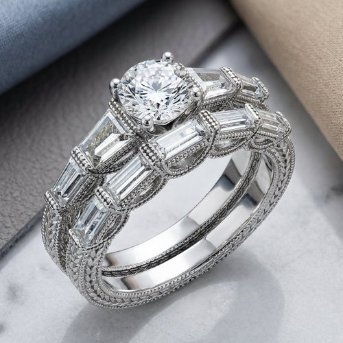 Sterling Silver Baguette 2-Piece CZ Engagement Ring