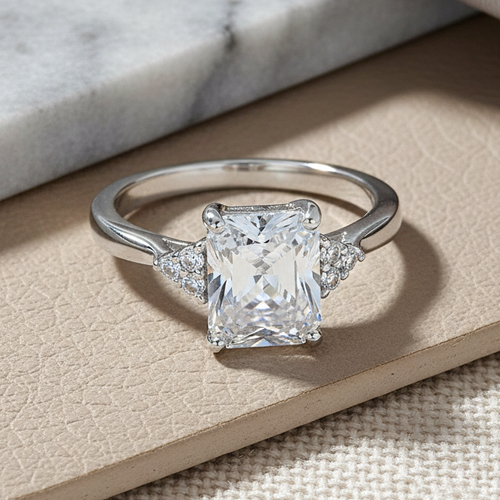 Sterling Silver Clear CZ Emerald Engagement Ring