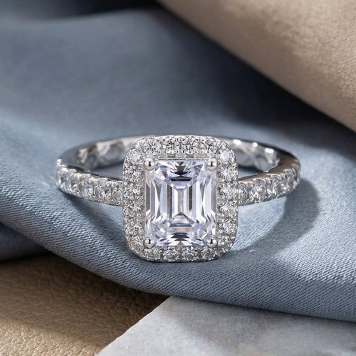 Sterling Silver 8 x 6 Emerald CZ Halo Engagement Ring