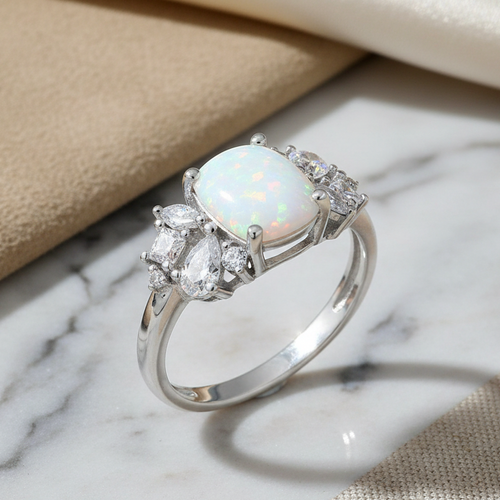 Sterling Silver White Lab-Opal CZ Ring