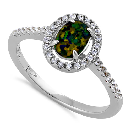 Sterling Silver Green-Black Lab Opal and Clear CZ Oval Halo Ring