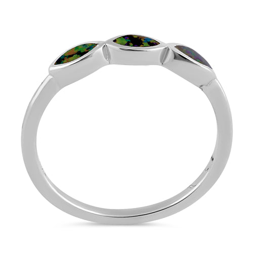 Sterling Silver Triple Marquise Green-Black Lab Opal Ring