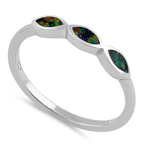 Sterling Silver Triple Marquise Green-Black Lab Opal Ring