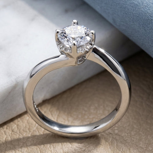 Sterling Silver Single Stone Curve Round Cut Clear CZ Engagement Ring