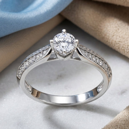 Sterling Silver Petite Pave Round Cut Clear CZ Engagement Ring