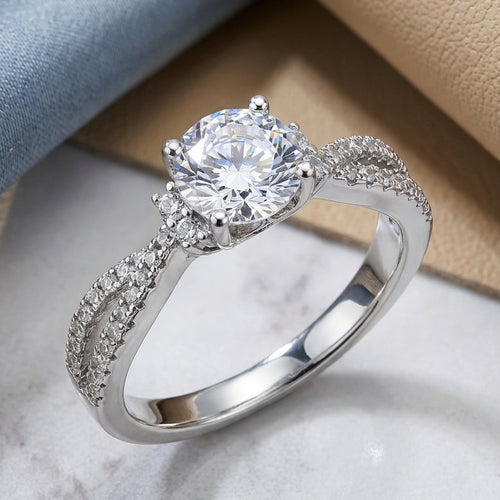 Sterling Silver Elegant Half Eternity Twist Round Cut Clear CZ Engagement Ring