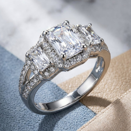 Sterling Silver 3-Stone Halo CZ Ring