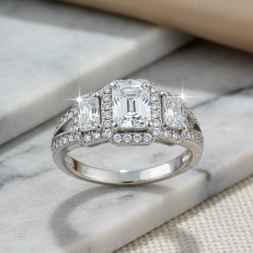 Sterling Silver 3-Stone Halo CZ Ring