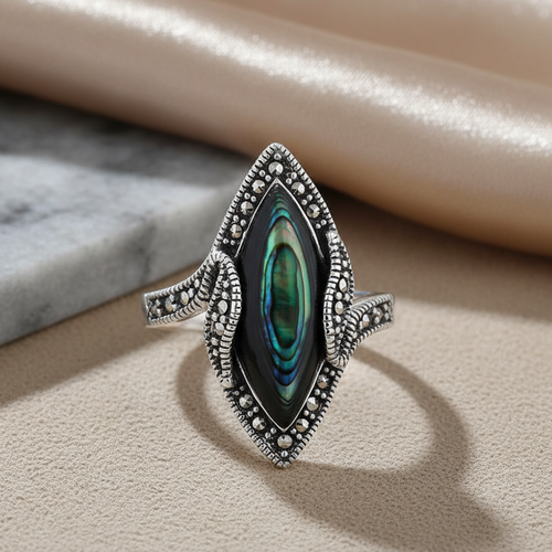 Sterling Silver Abalone Marquise Marcasite Ring