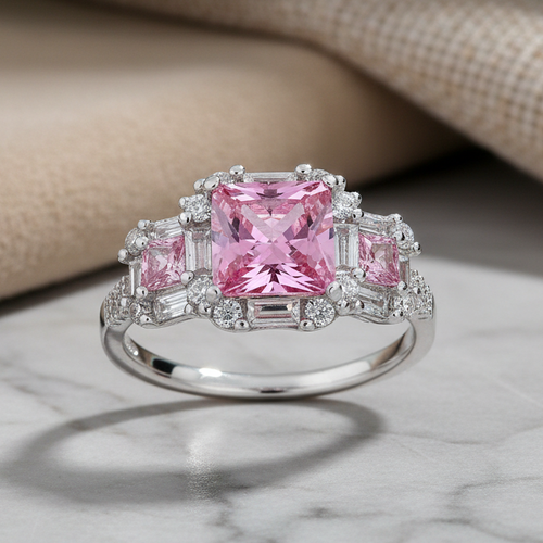 Sterling Silver Princess Cut Pink CZ Ring
