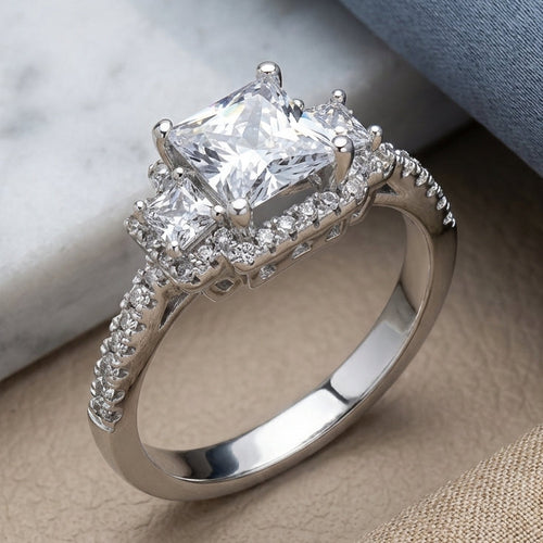 Sterling Silver Princess Cut Halo CZ Engagement Ring