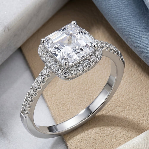 Sterling Silver Chic Square Halo with Round Cut Clear CZ Engagement Ring