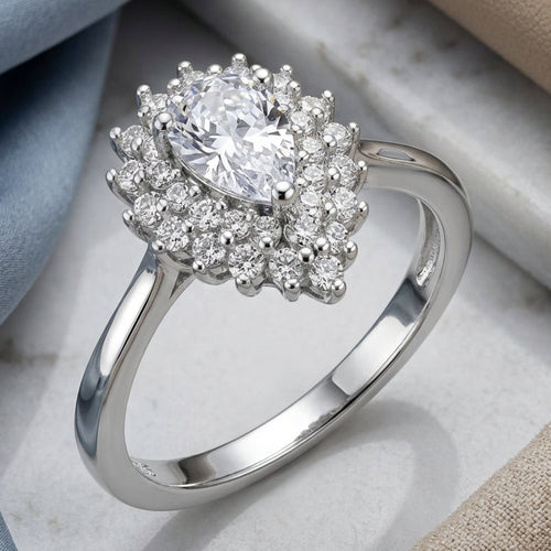 Sterling Silver Elegant Pear Halo Round Cut Clear CZ Engagement Ring