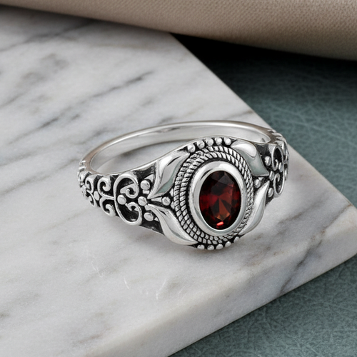 Sterling Silver Austere Oval Cut Dark Garnet CZ Ring