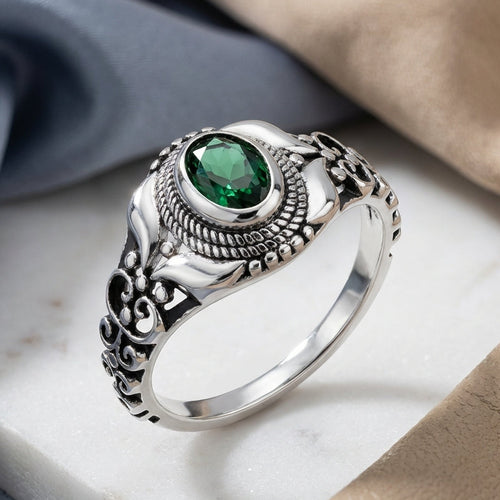Sterling Silver Austere Oval Cut Green CZ Ring