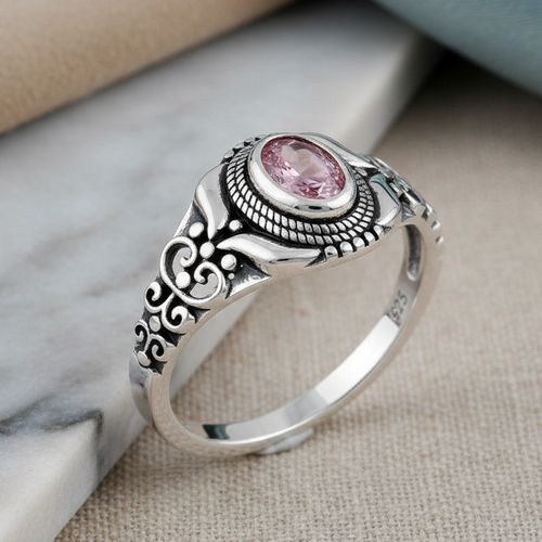 Sterling Silver Austere Oval Cut Pink CZ Ring