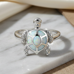 Sterling Silver Turtle White Lab Opal Ring