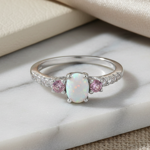 Sterling Silver Oval White Lab-Opal Pink CZ Ring