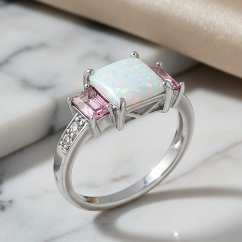 Sterling Silver Square White Lab Opal Pink CZ Ring
