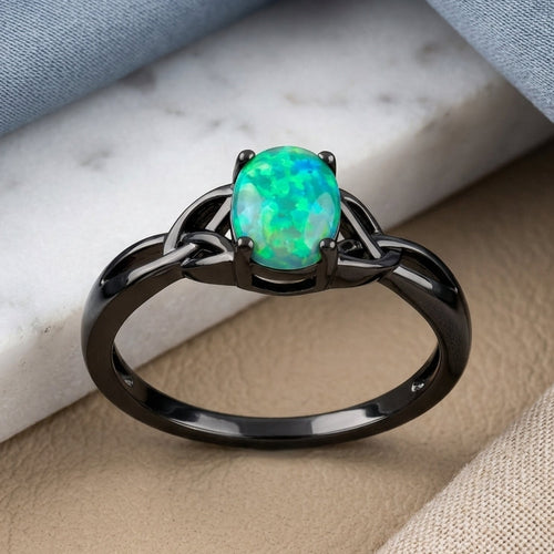 Sterling Silver Black Rhodium Plated Center Stone Charmed Aqua Green Lab Opal Ring