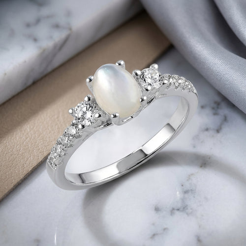 Sterling Silver Oval Mother of Pearl CZ Ring