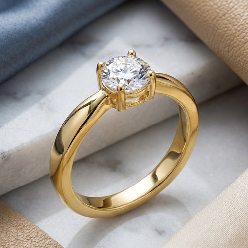 Sterling Silver 6mm Round Clear CZ Yellow Gold Plated Ring