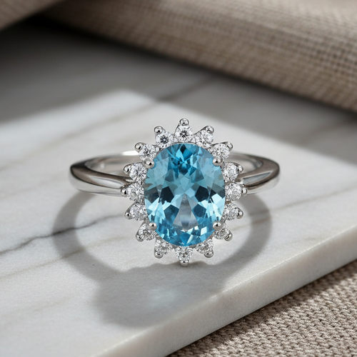 Sterling Silver Aqua Blue Oval CZ Ring